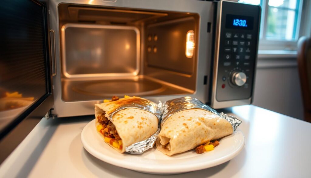 A stainless steel microwave oven stands on a clean kitchen counter, its digital display illuminating the dimly lit room. Inside, two freshly reheated breakfast burritos, wrapped in foil, rest on a white ceramic plate. The burritos' golden-brown tortillas are dotted with bits of scrambled egg, crumbled sausage, and melted cheese, emitting a tantalizing aroma. Soft natural light filters through a nearby window, casting a warm glow over the scene. The image conveys the simple pleasure of reviving a homemade breakfast treat, ready to be savored on a leisurely morning. A stainless steel microwave oven stands on a clean kitchen counter, its digital display illuminating the dimly lit room. Inside, two freshly reheated breakfast burritos, wrapped in foil, rest on a white ceramic plate. The burritos' golden-brown tortillas are dotted with bits of scrambled egg, crumbled sausage, and melted cheese, emitting a tantalizing aroma. Soft natural light filters through a nearby window, casting a warm glow over the scene. The image conveys the simple pleasure of reviving a homemade breakfast treat, ready to be savored on a leisurely morning.