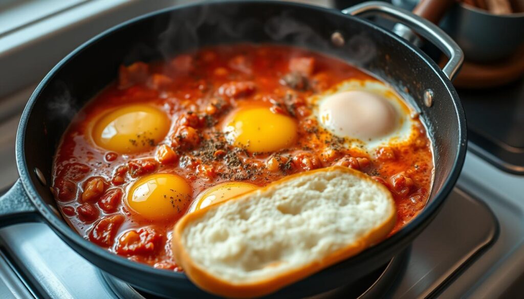 A steaming skillet on a kitchen countertop, filled with a vibrant, savory Shakshouka. The runny, golden egg yolks contrast with the rich, tomato-based sauce, flecked with aromatic spices. Wafts of cumin, paprika, and garlic fill the air, inviting you to dig in. Crisp, golden-brown edges of the bread slice await to soak up every last drop. Soft, ambient lighting casts a warm glow, highlighting the dish's inviting textures and colors. A cozy, homey scene, capturing the comforting essence of reheating and enjoying this classic Middle Eastern breakfast. A steaming skillet on a kitchen countertop, filled with a vibrant, savory Shakshouka. The runny, golden egg yolks contrast with the rich, tomato-based sauce, flecked with aromatic spices. Wafts of cumin, paprika, and garlic fill the air, inviting you to dig in. Crisp, golden-brown edges of the bread slice await to soak up every last drop. Soft, ambient lighting casts a warm glow, highlighting the dish's inviting textures and colors. A cozy, homey scene, capturing the comforting essence of reheating and enjoying this classic Middle Eastern breakfast.