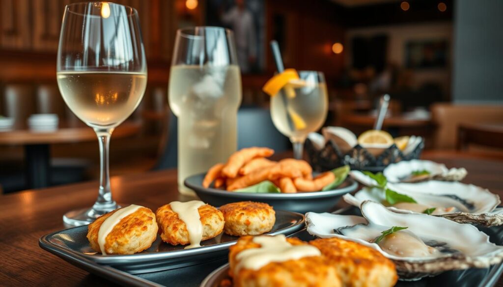 A stylishly arranged composition of various seafood dishes and complementary beverages, captured in a warm, inviting atmosphere. In the foreground, a platter of steaming mini spicy crab cakes, drizzled with a lemon aioli sauce. Beside it, a chilled glass of crisp white wine, the condensation glistening. In the middle ground, a selection of other seafood pairings, such as fresh oysters on the half shell, accompanied by a craft cocktail with a citrus twist. The background features a blurred, cozy restaurant setting, with wooden accents and soft lighting creating a refined, yet casual ambiance. A stylishly arranged composition of various seafood dishes and complementary beverages, captured in a warm, inviting atmosphere. In the foreground, a platter of steaming mini spicy crab cakes, drizzled with a lemon aioli sauce. Beside it, a chilled glass of crisp white wine, the condensation glistening. In the middle ground, a selection of other seafood pairings, such as fresh oysters on the half shell, accompanied by a craft cocktail with a citrus twist. The background features a blurred, cozy restaurant setting, with wooden accents and soft lighting creating a refined, yet casual ambiance.
