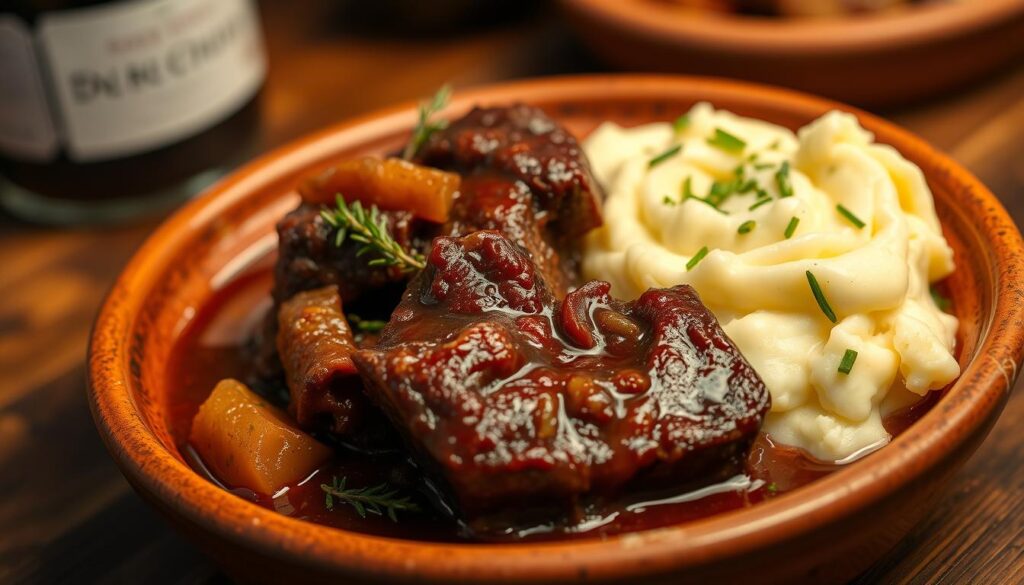 A succulent plate of braised beef short ribs, slow-cooked in a rich red wine sauce, nestled alongside a mound of creamy, buttery mashed potatoes. The beef, fork-tender and glistening, is adorned with caramelized onions and fresh thyme. The potatoes, whipped to a silky smooth texture, are flecked with chives and a hint of garlic. Warm, inviting lighting casts a soft glow over the scene, highlighting the rustic charm of the earthenware dish. The composition is balanced, with the beef and potatoes occupying the foreground, and a blurred background suggesting a cozy, intimate dining setting. The overall effect is one of comfort, indulgence, and the perfect pairing for a hearty, slow-braised beef dish. A succulent plate of braised beef short ribs, slow-cooked in a rich red wine sauce, nestled alongside a mound of creamy, buttery mashed potatoes. The beef, fork-tender and glistening, is adorned with caramelized onions and fresh thyme. The potatoes, whipped to a silky smooth texture, are flecked with chives and a hint of garlic. Warm, inviting lighting casts a soft glow over the scene, highlighting the rustic charm of the earthenware dish. The composition is balanced, with the beef and potatoes occupying the foreground, and a blurred background suggesting a cozy, intimate dining setting. The overall effect is one of comfort, indulgence, and the perfect pairing for a hearty, slow-braised beef dish.