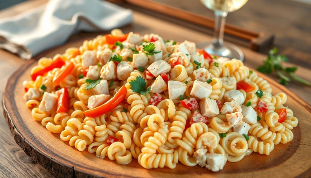 A sumptuous display of a Cajun Crab Pasta Salad, presented on a rustic wooden platter. In the foreground, artfully arranged spiral pasta noodles, tossed with juicy chunks of succulent crab meat, vibrant bell peppers, and a creamy Cajun-spiced dressing. The middle ground features a scattering of fresh herbs, such as parsley and chives, adding a touch of verdant freshness. The background showcases a simple, yet elegant table setting, with a linen napkin and a glass of chilled white wine, setting the mood for a relaxed, Southern-inspired meal. Soft, natural lighting casts a warm glow over the entire scene, emphasizing the dish's inviting appearance and the pleasurable dining experience it promises. A sumptuous display of a Cajun Crab Pasta Salad, presented on a rustic wooden platter. In the foreground, artfully arranged spiral pasta noodles, tossed with juicy chunks of succulent crab meat, vibrant bell peppers, and a creamy Cajun-spiced dressing. The middle ground features a scattering of fresh herbs, such as parsley and chives, adding a touch of verdant freshness. The background showcases a simple, yet elegant table setting, with a linen napkin and a glass of chilled white wine, setting the mood for a relaxed, Southern-inspired meal. Soft, natural lighting casts a warm glow over the entire scene, emphasizing the dish's inviting appearance and the pleasurable dining experience it promises.