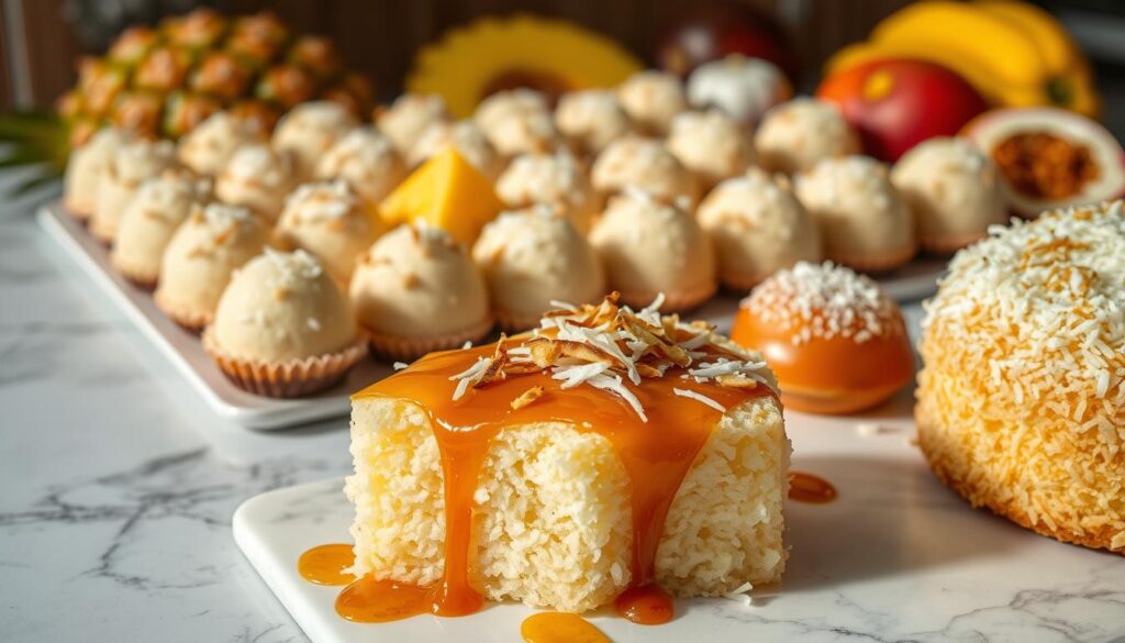 A sumptuous display of coconut-based delicacies on a marble countertop. In the foreground, a moist, golden-hued coconut cake with a glossy drizzle of caramel sauce, garnished with fresh shredded coconut and toasted coconut flakes. In the middle ground, an array of delicate coconut macaroons, their shells dusted with powdered sugar, and coconut-filled pastries with a flaky, buttery crust. The background features a selection of tropical fruits, including sliced pineapple, passion fruit, and ripe mango, complementing the coconut theme. Soft, natural lighting casts a warm glow over the scene, highlighting the vibrant colors and textural contrast of the coconut desserts, creating an inviting and indulgent atmosphere. A sumptuous display of coconut-based delicacies on a marble countertop. In the foreground, a moist, golden-hued coconut cake with a glossy drizzle of caramel sauce, garnished with fresh shredded coconut and toasted coconut flakes. In the middle ground, an array of delicate coconut macaroons, their shells dusted with powdered sugar, and coconut-filled pastries with a flaky, buttery crust. The background features a selection of tropical fruits, including sliced pineapple, passion fruit, and ripe mango, complementing the coconut theme. Soft, natural lighting casts a warm glow over the scene, highlighting the vibrant colors and textural contrast of the coconut desserts, creating an inviting and indulgent atmosphere.