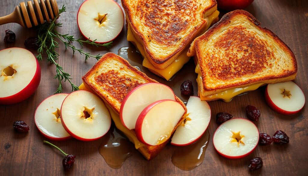 A sumptuous still life of grilled cheese sandwiches, sliced apples, and a selection of complementary garnishes. The sandwiches are golden-brown with melted cheese oozing from the edges, arranged on a rustic wooden table. Slices of crisp, juicy apples are scattered around, along with sprigs of fresh thyme, a drizzle of honey, and a few dried cranberries. Soft, natural lighting bathes the scene, creating warm shadows and highlights that accentuate the textures and colors. The composition is balanced and visually appealing, inviting the viewer to savor the perfect pairing of comforting grilled cheese and sweet, tangy apples. A sumptuous still life of grilled cheese sandwiches, sliced apples, and a selection of complementary garnishes. The sandwiches are golden-brown with melted cheese oozing from the edges, arranged on a rustic wooden table. Slices of crisp, juicy apples are scattered around, along with sprigs of fresh thyme, a drizzle of honey, and a few dried cranberries. Soft, natural lighting bathes the scene, creating warm shadows and highlights that accentuate the textures and colors. The composition is balanced and visually appealing, inviting the viewer to savor the perfect pairing of comforting grilled cheese and sweet, tangy apples.
