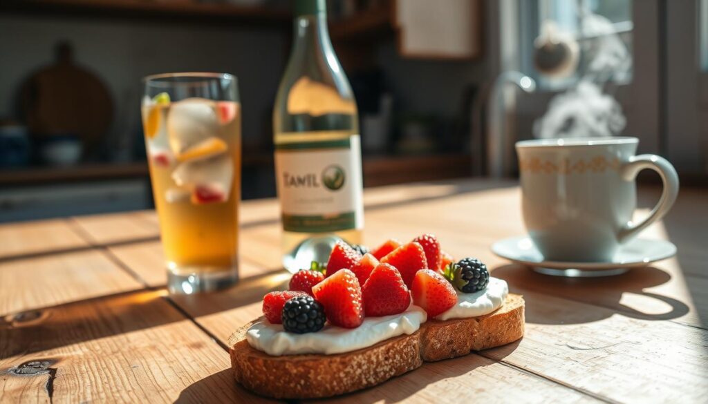 A sunlit kitchen counter with a rustic wooden surface. In the foreground, a slice of toasted bread is topped with a generous dollop of creamy ricotta cheese, garnished with fresh, juicy berries. Beside the toast, various beverages are arranged - a tall glass of refreshing iced tea, a bottle of crisp white wine, and a steaming mug of rich, aromatic coffee. The lighting is soft and natural, accentuating the colors and textures of the scene. The overall mood is one of relaxation and enjoyment, inviting the viewer to imagine the perfect pairing for this delectable ricotta toast. A sunlit kitchen counter with a rustic wooden surface. In the foreground, a slice of toasted bread is topped with a generous dollop of creamy ricotta cheese, garnished with fresh, juicy berries. Beside the toast, various beverages are arranged - a tall glass of refreshing iced tea, a bottle of crisp white wine, and a steaming mug of rich, aromatic coffee. The lighting is soft and natural, accentuating the colors and textures of the scene. The overall mood is one of relaxation and enjoyment, inviting the viewer to imagine the perfect pairing for this delectable ricotta toast.