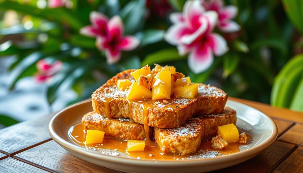 A tropical French toast dish presented on a wooden table, with vibrant tropical foliage and flowers in the background. The toast is golden-brown, drizzled with a luscious passion fruit syrup, and garnished with fresh mango slices, toasted coconut flakes, and a sprinkling of powdered sugar. The lighting is warm and natural, casting a soft glow over the scene. The camera angle is slightly elevated, allowing the viewer to appreciate the intricate details and textures of the dish. The overall mood is one of relaxation and indulgence, evoking the essence of a tropical paradise. A tropical French toast dish presented on a wooden table, with vibrant tropical foliage and flowers in the background. The toast is golden-brown, drizzled with a luscious passion fruit syrup, and garnished with fresh mango slices, toasted coconut flakes, and a sprinkling of powdered sugar. The lighting is warm and natural, casting a soft glow over the scene. The camera angle is slightly elevated, allowing the viewer to appreciate the intricate details and textures of the dish. The overall mood is one of relaxation and indulgence, evoking the essence of a tropical paradise.
