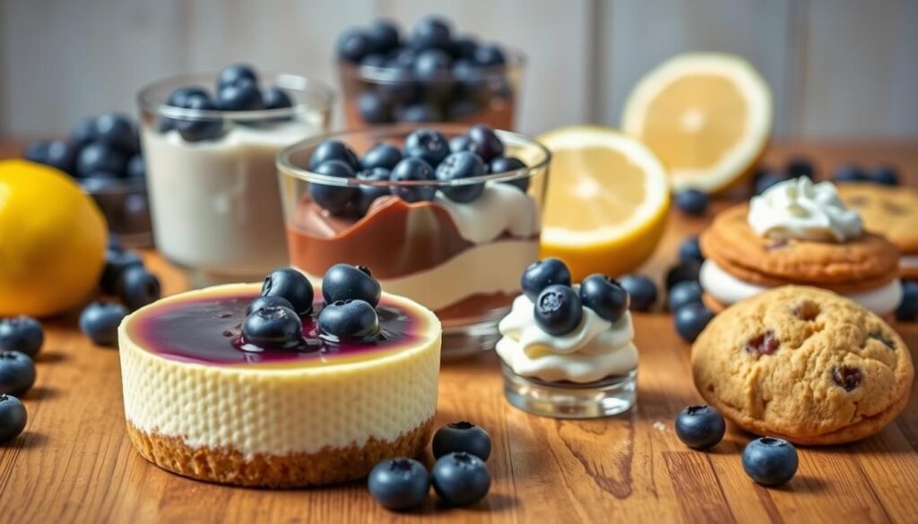 A vibrant, realistic still life of various no-bake desserts arranged on a wooden table. In the foreground, a creamy lemon cheesecake with a glistening blueberry topping sits alongside an elegant parfait layered with fresh blueberries and whipped cream. In the middle ground, a selection of simple yet indulgent treats, including a chilled chocolate pudding cup and a classic no-bake cookie. The background features a selection of fresh fruit, such as plump blueberries and sliced lemon, complementing the desserts. Soft, natural lighting illuminates the scene, creating a warm, inviting atmosphere. The image conveys the effortless sophistication and refreshing flavors of no-bake desserts. A vibrant, realistic still life of various no-bake desserts arranged on a wooden table. In the foreground, a creamy lemon cheesecake with a glistening blueberry topping sits alongside an elegant parfait layered with fresh blueberries and whipped cream. In the middle ground, a selection of simple yet indulgent treats, including a chilled chocolate pudding cup and a classic no-bake cookie. The background features a selection of fresh fruit, such as plump blueberries and sliced lemon, complementing the desserts. Soft, natural lighting illuminates the scene, creating a warm, inviting atmosphere. The image conveys the effortless sophistication and refreshing flavors of no-bake desserts.