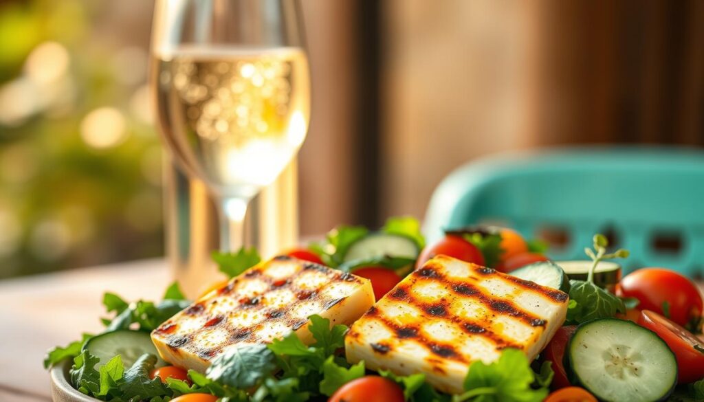 A vibrant, visually appealing grilled halloumi salad set against a backdrop of a crisp white wine. In the foreground, the halloumi cheese is seared to golden perfection, nestled among a colorful array of fresh greens, cherry tomatoes, and sliced cucumbers. The middle ground features a glass of chilled white wine, its pale golden hue and delicate bubbles accentuating the crisp, refreshing character of the dish. The background is softly blurred, suggesting a serene, rustic setting, perhaps a sun-dappled patio or a cozy dining area. The lighting is warm and natural, casting a gentle glow on the scene and highlighting the vibrant colors and textures of the ingredients. The overall mood is one of elegant simplicity, inviting the viewer to savor the harmonious pairing of the grilled halloumi salad and the complementary white wine. A vibrant, visually appealing grilled halloumi salad set against a backdrop of a crisp white wine. In the foreground, the halloumi cheese is seared to golden perfection, nestled among a colorful array of fresh greens, cherry tomatoes, and sliced cucumbers. The middle ground features a glass of chilled white wine, its pale golden hue and delicate bubbles accentuating the crisp, refreshing character of the dish. The background is softly blurred, suggesting a serene, rustic setting, perhaps a sun-dappled patio or a cozy dining area. The lighting is warm and natural, casting a gentle glow on the scene and highlighting the vibrant colors and textures of the ingredients. The overall mood is one of elegant simplicity, inviting the viewer to savor the harmonious pairing of the grilled halloumi salad and the complementary white wine.