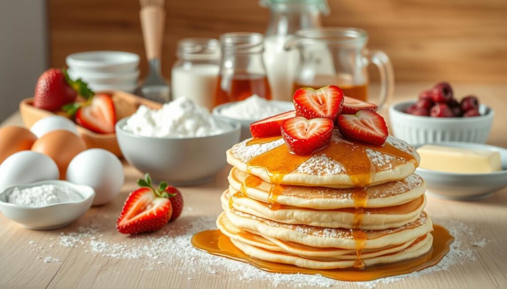 A visually appealing arrangement of fresh, whole ingredients for healthy Japanese souffle pancakes. In the foreground, a stack of fluffy, golden-brown pancakes dusted with powdered sugar and garnished with sliced strawberries and a drizzle of maple syrup. Surrounding the pancakes, an assortment of ingredients including eggs, milk, flour, baking powder, and a slab of butter. In the middle ground, a glass pitcher filled with maple syrup and a small bowl of fresh berries. The background features a clean, soft-focus kitchen counter with a wooden texture, bathed in warm, natural lighting, conveying a cozy, inviting atmosphere. A visually appealing arrangement of fresh, whole ingredients for healthy Japanese souffle pancakes. In the foreground, a stack of fluffy, golden-brown pancakes dusted with powdered sugar and garnished with sliced strawberries and a drizzle of maple syrup. Surrounding the pancakes, an assortment of ingredients including eggs, milk, flour, baking powder, and a slab of butter. In the middle ground, a glass pitcher filled with maple syrup and a small bowl of fresh berries. The background features a clean, soft-focus kitchen counter with a wooden texture, bathed in warm, natural lighting, conveying a cozy, inviting atmosphere.