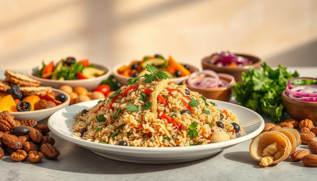 A visually captivating still life scene featuring an assortment of crispy rice salad pairings. In the foreground, an elegant white platter showcases a vibrant, textured salad with crisp rice kernels, fresh herbs, and a drizzle of spicy tahini sauce. Flanking the salad are complementary elements like roasted vegetables, toasted nuts, and tangy pickled onions, each carefully arranged to create a harmonious culinary composition. The middle ground is softly illuminated by warm, natural lighting, casting gentle shadows and highlighting the varied colors and textures. In the background, a neutral, slightly blurred backdrop allows the salad and its accoutrements to take center stage, exuding a sense of simplicity and elegance. An overall mood of freshness, balance, and culinary expertise is conveyed through this meticulously crafted image. A visually captivating still life scene featuring an assortment of crispy rice salad pairings. In the foreground, an elegant white platter showcases a vibrant, textured salad with crisp rice kernels, fresh herbs, and a drizzle of spicy tahini sauce. Flanking the salad are complementary elements like roasted vegetables, toasted nuts, and tangy pickled onions, each carefully arranged to create a harmonious culinary composition. The middle ground is softly illuminated by warm, natural lighting, casting gentle shadows and highlighting the varied colors and textures. In the background, a neutral, slightly blurred backdrop allows the salad and its accoutrements to take center stage, exuding a sense of simplicity and elegance. An overall mood of freshness, balance, and culinary expertise is conveyed through this meticulously crafted image.