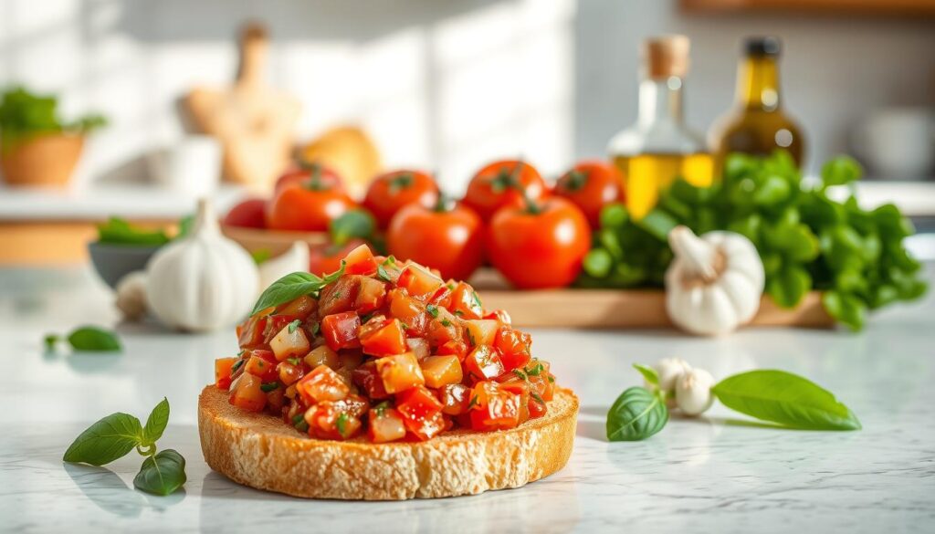 A visually striking and informative image of the nutritional benefits of bruschetta dip. The foreground features a close-up view of a slice of toasted bread with a generous mound of the dip, showcasing its vibrant colors and textures. In the middle ground, a selection of fresh, high-quality ingredients used to make the dip, such as tomatoes, basil, garlic, and olive oil, are artfully arranged. The background depicts a clean, minimalist kitchen countertop with natural lighting cascading across the scene, creating a warm and inviting atmosphere. The overall composition emphasizes the healthfulness and appeal of this classic Italian appetizer, capturing its visual appeal and nutritional value in a compelling and visually striking manner. A visually striking and informative image of the nutritional benefits of bruschetta dip. The foreground features a close-up view of a slice of toasted bread with a generous mound of the dip, showcasing its vibrant colors and textures. In the middle ground, a selection of fresh, high-quality ingredients used to make the dip, such as tomatoes, basil, garlic, and olive oil, are artfully arranged. The background depicts a clean, minimalist kitchen countertop with natural lighting cascading across the scene, creating a warm and inviting atmosphere. The overall composition emphasizes the healthfulness and appeal of this classic Italian appetizer, capturing its visual appeal and nutritional value in a compelling and visually striking manner.