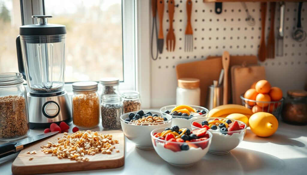 A well-organized kitchen counter with freshly prepared breakfast bowls, colorful fruits, and various prep tools. Natural lighting from a large window casts a warm glow, highlighting the textures and vibrant hues. In the foreground, a cutting board with chopped ingredients, a blender, and jars of granola and chia seeds. In the middle, bowls filled with oatmeal, yogurt, and an assortment of berries, nuts, and drizzled honey. The background features a minimalist, clean-lined design with a pegboard displaying neatly arranged kitchen utensils. The overall scene exudes a sense of organization, efficiency, and a commitment to healthy, make-ahead breakfast options. A well-organized kitchen counter with freshly prepared breakfast bowls, colorful fruits, and various prep tools. Natural lighting from a large window casts a warm glow, highlighting the textures and vibrant hues. In the foreground, a cutting board with chopped ingredients, a blender, and jars of granola and chia seeds. In the middle, bowls filled with oatmeal, yogurt, and an assortment of berries, nuts, and drizzled honey. The background features a minimalist, clean-lined design with a pegboard displaying neatly arranged kitchen utensils. The overall scene exudes a sense of organization, efficiency, and a commitment to healthy, make-ahead breakfast options.