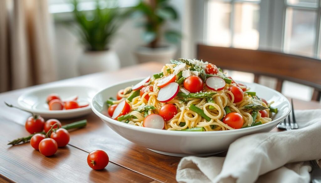 A wooden table set with a fresh, vibrant asparagus pasta salad, presented in a large white serving bowl. The salad is garnished with cherry tomatoes, sliced radishes, and a sprinkle of grated parmesan cheese. The background features a neutral, soft-focused setting, with natural light filtering in from a nearby window, creating a warm, inviting atmosphere. The overall composition showcases the delicious, healthy, and visually appealing nature of the asparagus pasta salad, enticing the viewer to savor its flavors. A wooden table set with a fresh, vibrant asparagus pasta salad, presented in a large white serving bowl. The salad is garnished with cherry tomatoes, sliced radishes, and a sprinkle of grated parmesan cheese. The background features a neutral, soft-focused setting, with natural light filtering in from a nearby window, creating a warm, inviting atmosphere. The overall composition showcases the delicious, healthy, and visually appealing nature of the asparagus pasta salad, enticing the viewer to savor its flavors.