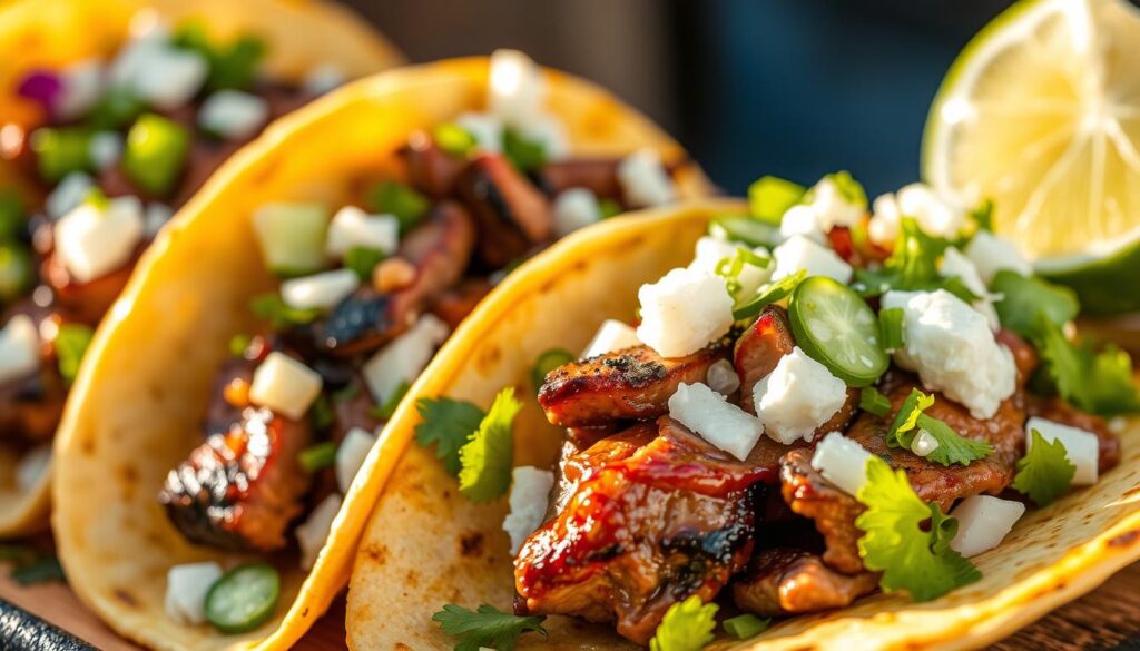 Authentic Mexican street tacos with juicy grilled steak, garnished with a vibrant array of fresh toppings. A close-up view showcases the tender beef, glistening with savory juices, nestled in soft, handmade corn tortillas. Topped with diced onions, cilantro, crumbled queso fresco, and a zesty lime wedge, the tacos are elevated by a balance of textures and flavors. Warm, natural lighting casts a golden glow, highlighting the inviting display. Captured with a shallow depth of field, the focus draws the viewer's attention to the artfully assembled tacos, creating a mouthwatering scene that captures the authentic spirit of Mexican street food. Authentic Mexican street tacos with juicy grilled steak, garnished with a vibrant array of fresh toppings. A close-up view showcases the tender beef, glistening with savory juices, nestled in soft, handmade corn tortillas. Topped with diced onions, cilantro, crumbled queso fresco, and a zesty lime wedge, the tacos are elevated by a balance of textures and flavors. Warm, natural lighting casts a golden glow, highlighting the inviting display. Captured with a shallow depth of field, the focus draws the viewer's attention to the artfully assembled tacos, creating a mouthwatering scene that captures the authentic spirit of Mexican street food.