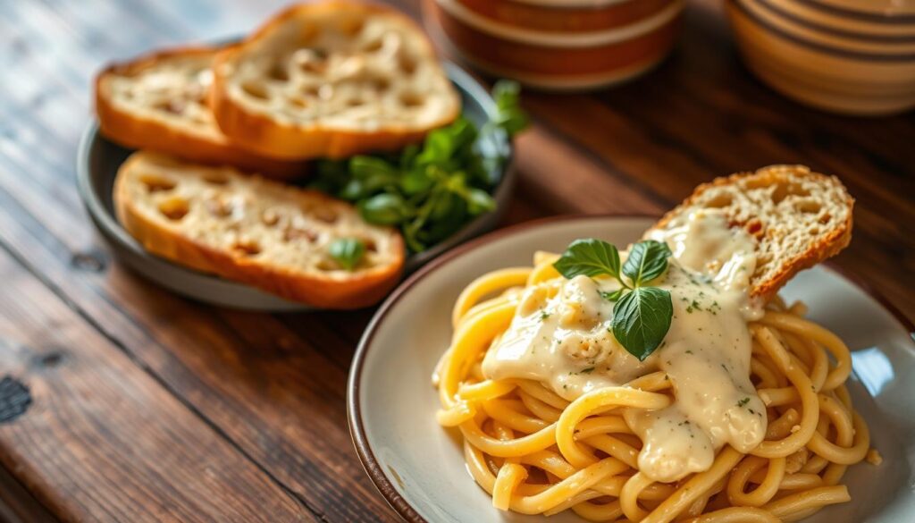 Boursin cheese pasta, a creamy and indulgent dish, sits alongside freshly baked garlic bread on a rustic wooden table. Soft lighting casts a warm glow, highlighting the melted cheese oozing over the al dente pasta. The garlic bread, golden-brown and fragrant, beckons to be torn and dipped into the rich, flavorful sauce. Vibrant greens, such as fresh basil or arugula, provide a refreshing contrast, complementing the savory and comforting flavors. The scene exudes an inviting, cozy atmosphere, perfect for indulging in this delectable pairing. Boursin cheese pasta, a creamy and indulgent dish, sits alongside freshly baked garlic bread on a rustic wooden table. Soft lighting casts a warm glow, highlighting the melted cheese oozing over the al dente pasta. The garlic bread, golden-brown and fragrant, beckons to be torn and dipped into the rich, flavorful sauce. Vibrant greens, such as fresh basil or arugula, provide a refreshing contrast, complementing the savory and comforting flavors. The scene exudes an inviting, cozy atmosphere, perfect for indulging in this delectable pairing.