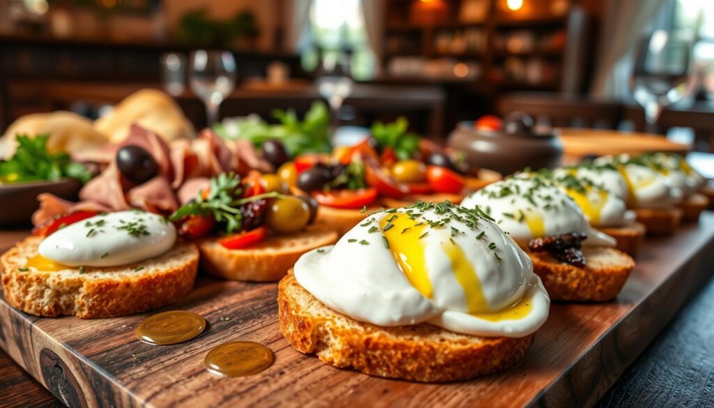 A rustic wooden board showcases a beautifully presented Burrata Bruschetta. The creamy, glistening burrata cheese is nestled atop crisp, toasted slices of artisanal bread, adorned with a variety of vibrant toppings. Juicy cherry tomatoes, fragrant basil leaves, and a drizzle of rich, peppery olive oil create a visually stunning and appetizing display. The scene is bathed in warm, natural lighting, highlighting the textures and colors of the ingredients. The overall composition conveys a sense of rustic elegance, perfectly capturing the essence of a customizable Burrata Bruschetta that would whet the appetite of any discerning diner. Burrata Bruschetta