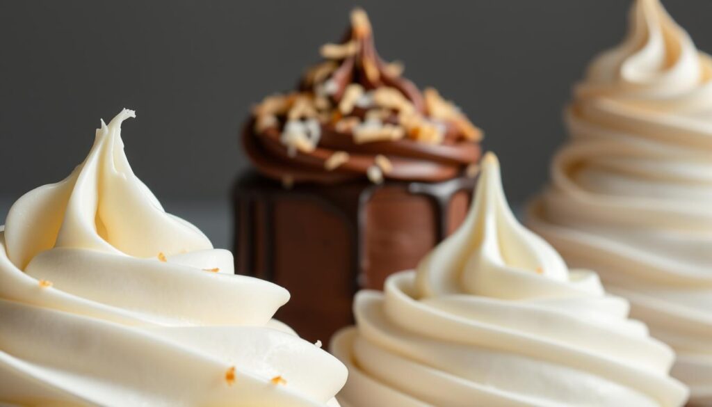 Coconut Cake Frosting Options: A delectable display of tempting textures and flavors. In the foreground, a luscious coconut cream frosting glistens with a silky sheen, its creamy swirls inviting the eye. Beside it, a rich chocolate ganache frosting stands in contrast, its dark hues accentuated by a light dusting of toasted coconut flakes. In the background, a fluffy meringue frosting rises in soft, billowy peaks, delicately caramelized to a golden perfection. Captured in natural lighting, the scene evokes a sense of indulgence and culinary artistry, promising a visually stunning and delicious coconut cake experience. Realistic, high-resolution. Coconut Cake Frosting Options: A delectable display of tempting textures and flavors. In the foreground, a luscious coconut cream frosting glistens with a silky sheen, its creamy swirls inviting the eye. Beside it, a rich chocolate ganache frosting stands in contrast, its dark hues accentuated by a light dusting of toasted coconut flakes. In the background, a fluffy meringue frosting rises in soft, billowy peaks, delicately caramelized to a golden perfection. Captured in natural lighting, the scene evokes a sense of indulgence and culinary artistry, promising a visually stunning and delicious coconut cake experience. Realistic, high-resolution.