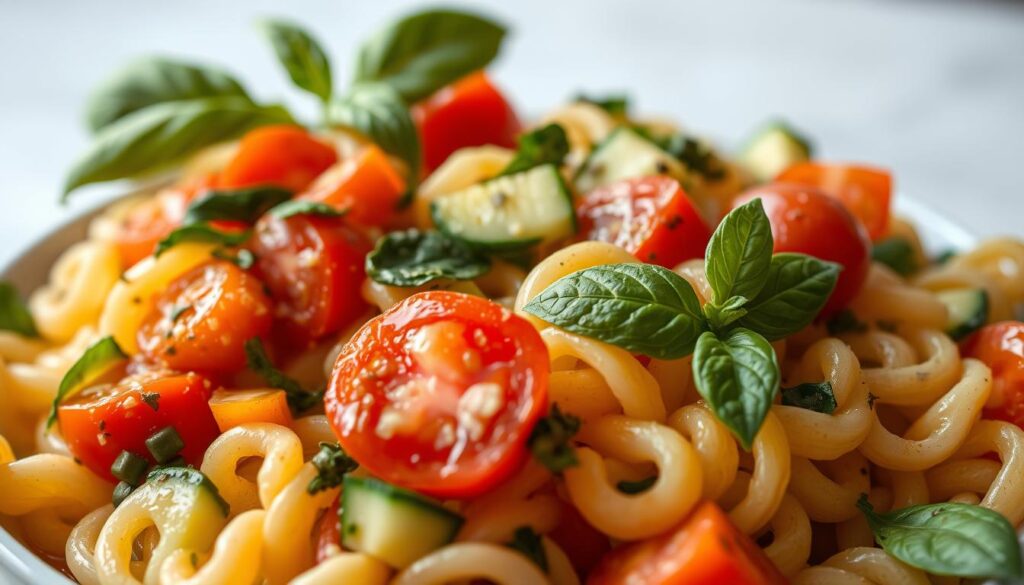 Delectable Italian pasta salad, radiant with sun-kissed tomatoes, crisp cucumbers, and fragrant basil leaves. Tossed in a light, tangy vinaigrette, the vibrant colors and textures create an inviting, visually striking dish. Captured in soft, natural lighting that highlights the dish's freshness, the camera captures the salad from a slightly elevated angle, drawing the viewer in. The background is a simple, neutral setting, allowing the pasta salad to take center stage and become the focal point of the image. The overall atmosphere is one of casual elegance, perfect for a gathering of friends and family. Delectable Italian pasta salad, radiant with sun-kissed tomatoes, crisp cucumbers, and fragrant basil leaves. Tossed in a light, tangy vinaigrette, the vibrant colors and textures create an inviting, visually striking dish. Captured in soft, natural lighting that highlights the dish's freshness, the camera captures the salad from a slightly elevated angle, drawing the viewer in. The background is a simple, neutral setting, allowing the pasta salad to take center stage and become the focal point of the image. The overall atmosphere is one of casual elegance, perfect for a gathering of friends and family.