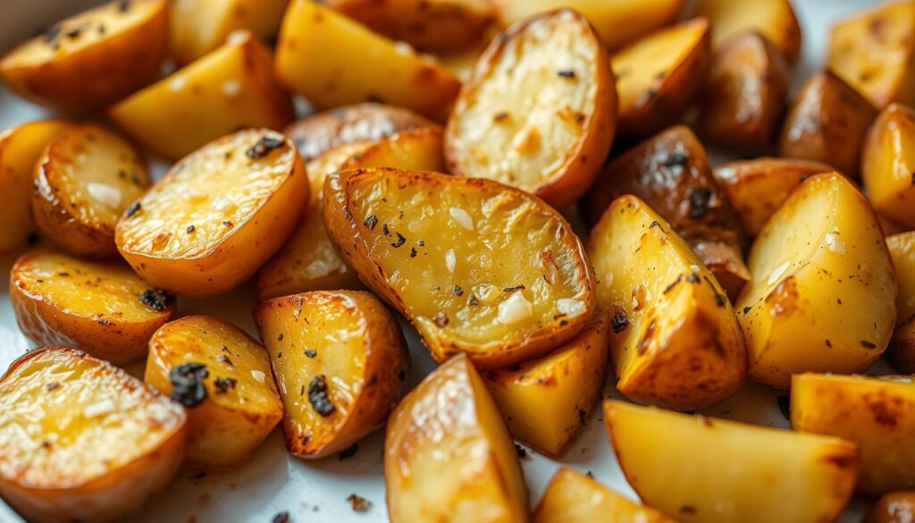 Delicious golden-brown garlic roasted potatoes, freshly pulled from the oven, their crispy skin caramelized and glistening with fragrant oil. Wedges of russet potatoes, seasoned with coarse salt, cracked black pepper, and fragrant minced garlic, roasted to perfection under warm, even lighting. The potatoes sit atop a clean white surface, ready to be served as a comforting side dish or snack. The image has a mouthwatering, appetizing atmosphere, inviting the viewer to imagine the tantalizing aroma and satisfying texture of these perfectly roasted potatoes. Delicious golden-brown garlic roasted potatoes, freshly pulled from the oven, their crispy skin caramelized and glistening with fragrant oil. Wedges of russet potatoes, seasoned with coarse salt, cracked black pepper, and fragrant minced garlic, roasted to perfection under warm, even lighting. The potatoes sit atop a clean white surface, ready to be served as a comforting side dish or snack. The image has a mouthwatering, appetizing atmosphere, inviting the viewer to imagine the tantalizing aroma and satisfying texture of these perfectly roasted potatoes.