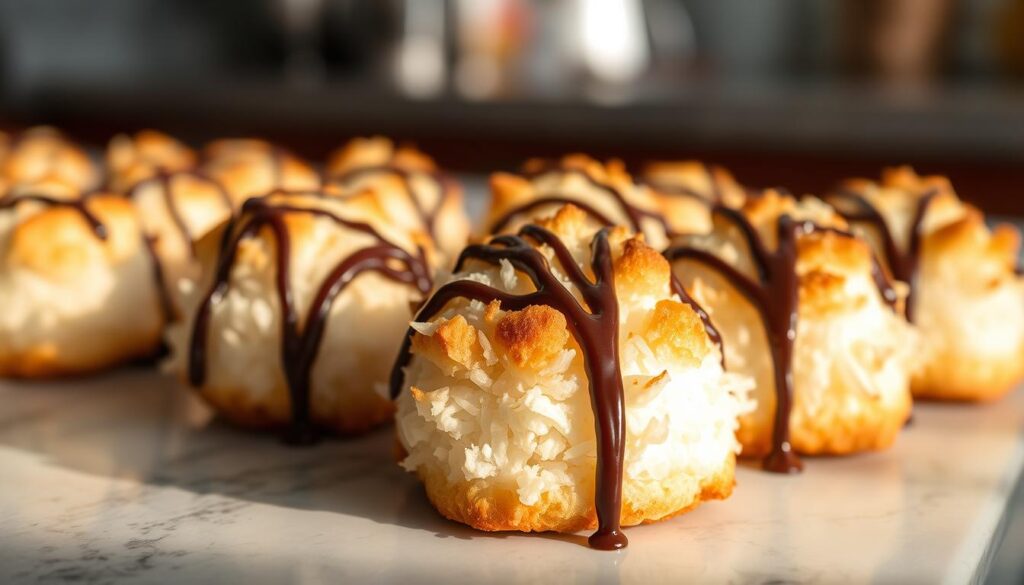 Freshly baked coconut macaroons, their crisp golden brown exteriors giving way to a soft, chewy interior, sit atop a marble countertop. Glistening dark chocolate drizzle cascades down the sides, contrasting beautifully with the snowy white coconut. The scene is bathed in warm, natural lighting, creating a cozy, inviting atmosphere. The macaroons are positioned at a slight angle, with a shallow depth of field that keeps the foreground in sharp focus while gently blurring the background. The overall composition is balanced and visually appealing, drawing the viewer's attention to the delectable treats. Freshly baked coconut macaroons, their crisp golden brown exteriors giving way to a soft, chewy interior, sit atop a marble countertop. Glistening dark chocolate drizzle cascades down the sides, contrasting beautifully with the snowy white coconut. The scene is bathed in warm, natural lighting, creating a cozy, inviting atmosphere. The macaroons are positioned at a slight angle, with a shallow depth of field that keeps the foreground in sharp focus while gently blurring the background. The overall composition is balanced and visually appealing, drawing the viewer's attention to the delectable treats.