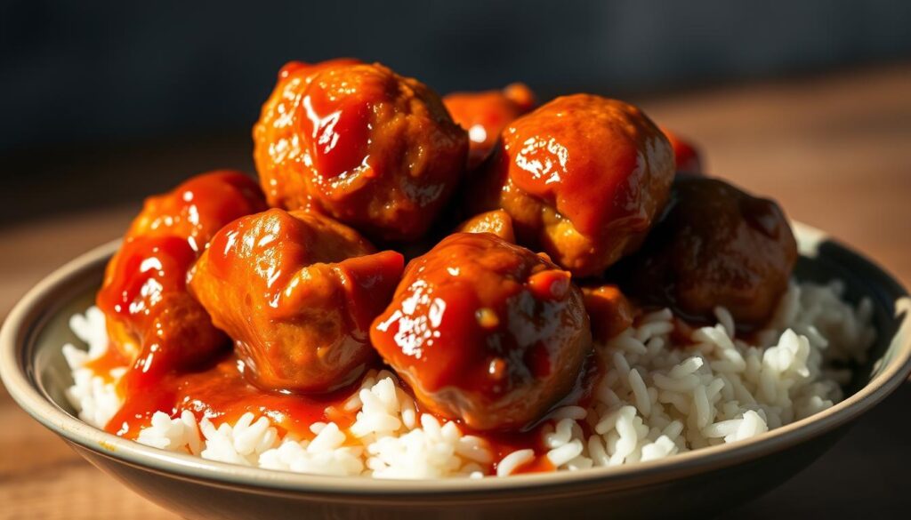 Mouthwatering sweet and sour meatballs, glistening with a rich, tangy sauce, sit atop a bed of fluffy white rice. The meatballs are perfectly formed, seared to a golden brown on the outside, while remaining tender and juicy within. The sauce, a harmonious blend of tangy tomato, sweet brown sugar, and aromatic spices, clings deliciously to each bite-sized morsel. Dramatic side-lighting illuminates the dish, casting dramatic shadows and highlighting the succulent textures. The scene is set against a softly blurred background, keeping the focus squarely on the star of the show - these irresistible sweet and sour meatballs, ready to delight at any special occasion. Mouthwatering sweet and sour meatballs, glistening with a rich, tangy sauce, sit atop a bed of fluffy white rice. The meatballs are perfectly formed, seared to a golden brown on the outside, while remaining tender and juicy within. The sauce, a harmonious blend of tangy tomato, sweet brown sugar, and aromatic spices, clings deliciously to each bite-sized morsel. Dramatic side-lighting illuminates the dish, casting dramatic shadows and highlighting the succulent textures. The scene is set against a softly blurred background, keeping the focus squarely on the star of the show - these irresistible sweet and sour meatballs, ready to delight at any special occasion.