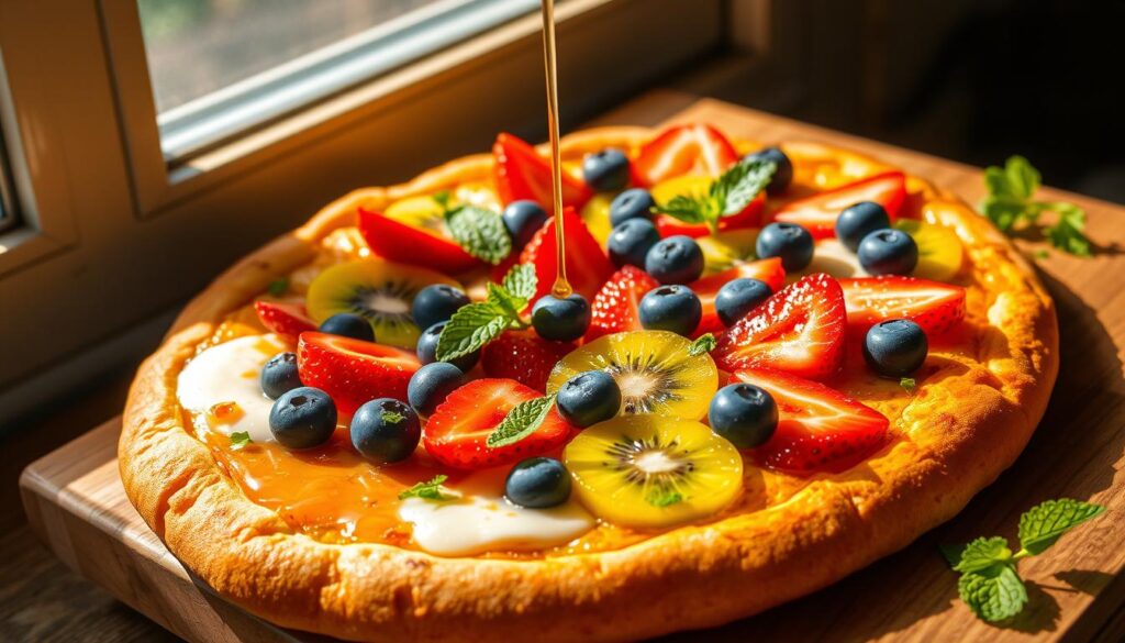 Vibrant and appetizing breakfast pizza, showcasing a crisp golden crust topped with a selection of fresh, juicy fruits. Sliced strawberries, blueberries, and kiwi artfully arranged, creating a visually striking and nutritious meal. Warm, soft dough forming the base, accentuated by a drizzle of honey for a touch of sweetness. Sunlight filters through the window, casting a warm glow on the scene, enhancing the pizza's inviting appearance. A scattering of mint leaves adds a refreshing contrast, while the overall composition conveys a sense of balance, healthfulness, and culinary delight. Vibrant and appetizing breakfast pizza, showcasing a crisp golden crust topped with a selection of fresh, juicy fruits. Sliced strawberries, blueberries, and kiwi artfully arranged, creating a visually striking and nutritious meal. Warm, soft dough forming the base, accentuated by a drizzle of honey for a touch of sweetness. Sunlight filters through the window, casting a warm glow on the scene, enhancing the pizza's inviting appearance. A scattering of mint leaves adds a refreshing contrast, while the overall composition conveys a sense of balance, healthfulness, and culinary delight.