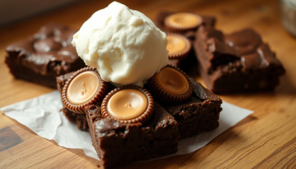 a delicious assortment of peanut butter cups, chocolate brownies, and vanilla ice cream, artfully arranged on a wooden table, with a warm, soft lighting casting a cozy glow over the scene. The peanut butter cups are nestled among the fudgy brownies, their rich, creamy centers glistening invitingly. A scoop of velvety vanilla ice cream sits atop the dessert, adding a cool contrast to the warm, indulgent flavors. The overall presentation is visually appealing, drawing the viewer in with its tempting, mouthwatering appeal, perfectly capturing the essence of the "Serving Suggestions" section for the "Peanut Butter Cup Dump Cake" article. a delicious assortment of peanut butter cups, chocolate brownies, and vanilla ice cream, artfully arranged on a wooden table, with a warm, soft lighting casting a cozy glow over the scene. The peanut butter cups are nestled among the fudgy brownies, their rich, creamy centers glistening invitingly. A scoop of velvety vanilla ice cream sits atop the dessert, adding a cool contrast to the warm, indulgent flavors. The overall presentation is visually appealing, drawing the viewer in with its tempting, mouthwatering appeal, perfectly capturing the essence of the "Serving Suggestions" section for the "Peanut Butter Cup Dump Cake" article.