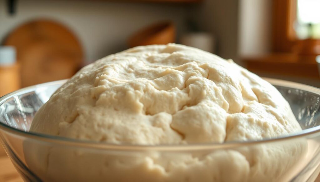 a dynamic, high-quality image of the dough fermentation process, showcasing the gradual transformation of dough as it rises and develops its structure. A close-up view of a glass bowl filled with active, bubbly dough, illuminated by warm, natural lighting filtering through a window. The dough is in the middle ground, surrounded by a blurred background hinting at the kitchen environment. The image conveys a sense of patience, time, and the scientific wonder of yeast-driven fermentation, essential for crafting the perfect homemade white bread. a dynamic, high-quality image of the dough fermentation process, showcasing the gradual transformation of dough as it rises and develops its structure. A close-up view of a glass bowl filled with active, bubbly dough, illuminated by warm, natural lighting filtering through a window. The dough is in the middle ground, surrounded by a blurred background hinting at the kitchen environment. The image conveys a sense of patience, time, and the scientific wonder of yeast-driven fermentation, essential for crafting the perfect homemade white bread.