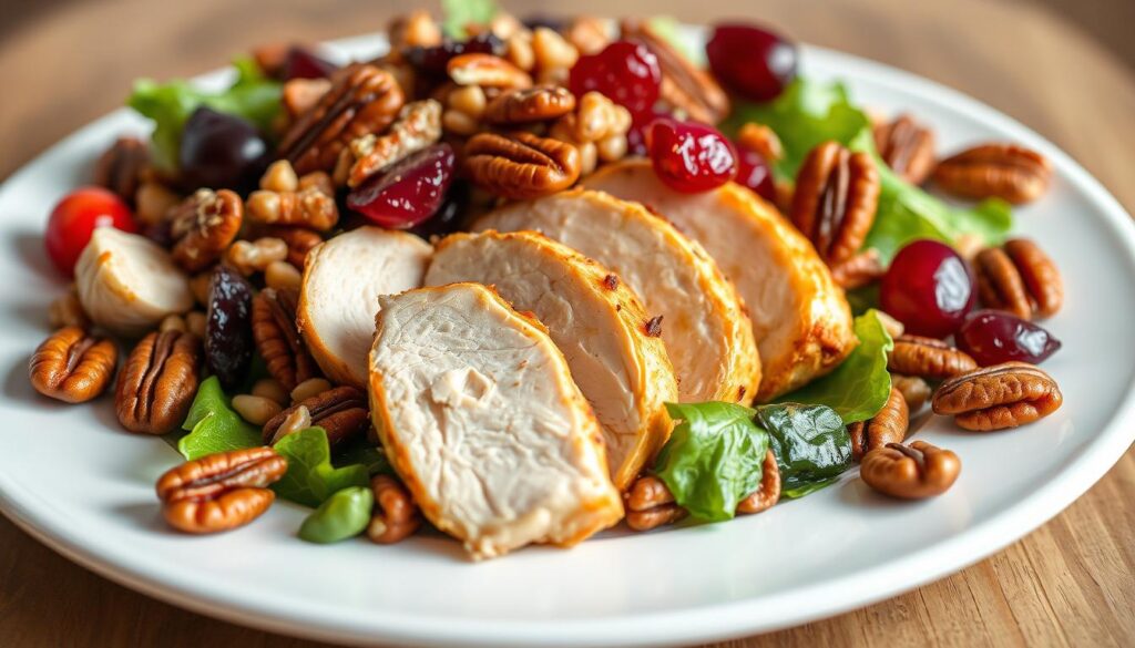 A rustic wooden table set with a white ceramic platter, overflowing with a vibrant cranberry pecan chicken salad. The salad is composed of shredded roasted chicken, plump cranberries, crunchy toasted pecans, and a creamy dressing. The salad is garnished with fresh parsley sprigs, creating a visually appealing and appetizing presentation. Soft, natural lighting cascades over the scene, casting warm shadows and highlights that accentuate the textures and colors of the ingredients. The overall atmosphere is one of simple elegance, inviting the viewer to imagine savoring this flavorful and satisfying dish. cranberry pecan chicken salad