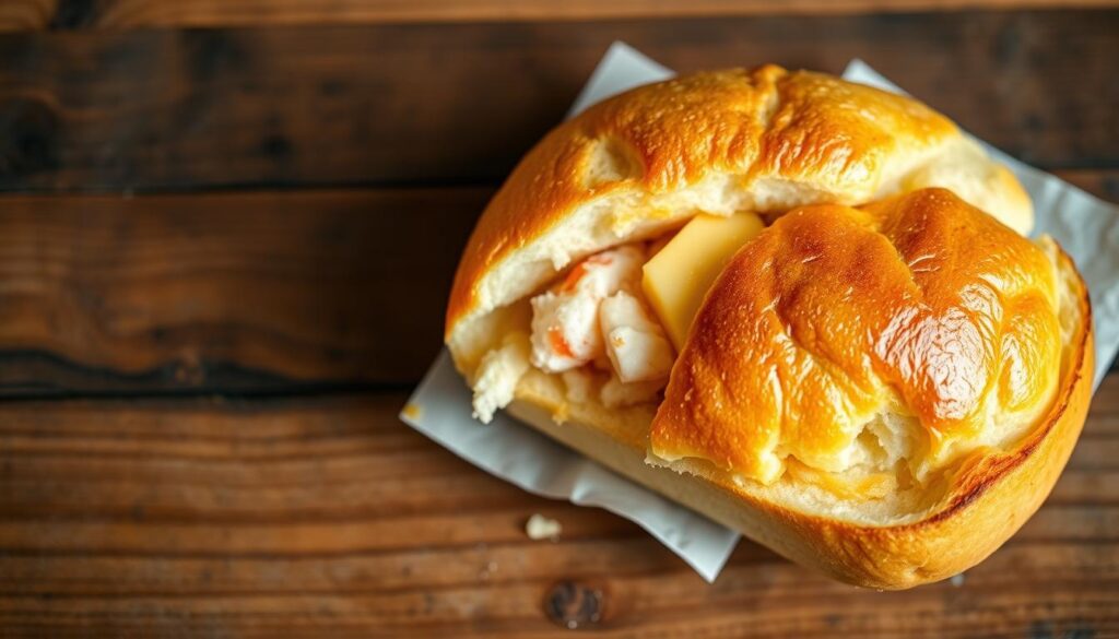high quality photograph of freshly baked and toasted lobster roll bread, golden brown crust, glistening butter, crisp edges, shot from overhead angle on a rustic wooden table, natural warm lighting, shallow depth of field, inviting and appetizing presentation to showcase the texture and preparation of the bread for a lobster roll high quality photograph of freshly baked and toasted lobster roll bread, golden brown crust, glistening butter, crisp edges, shot from overhead angle on a rustic wooden table, natural warm lighting, shallow depth of field, inviting and appetizing presentation to showcase the texture and preparation of the bread for a lobster roll