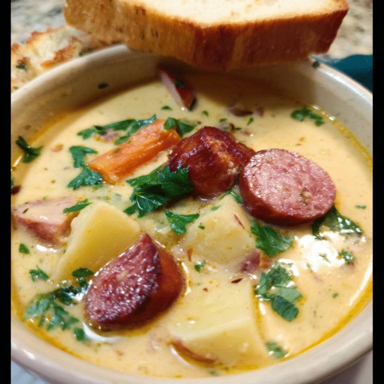 Hearty Kielbasa Potato Soup with Homemade Croutons