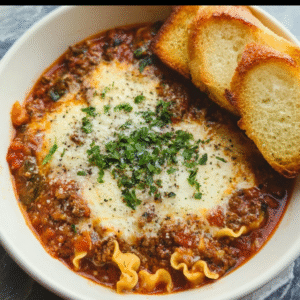 Cozy Lasagna Soup with Toasted Bread and Parmesan