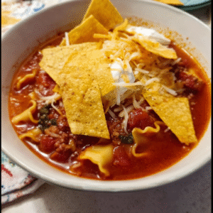 Lasagna Soup with Crispy Tortilla Chips